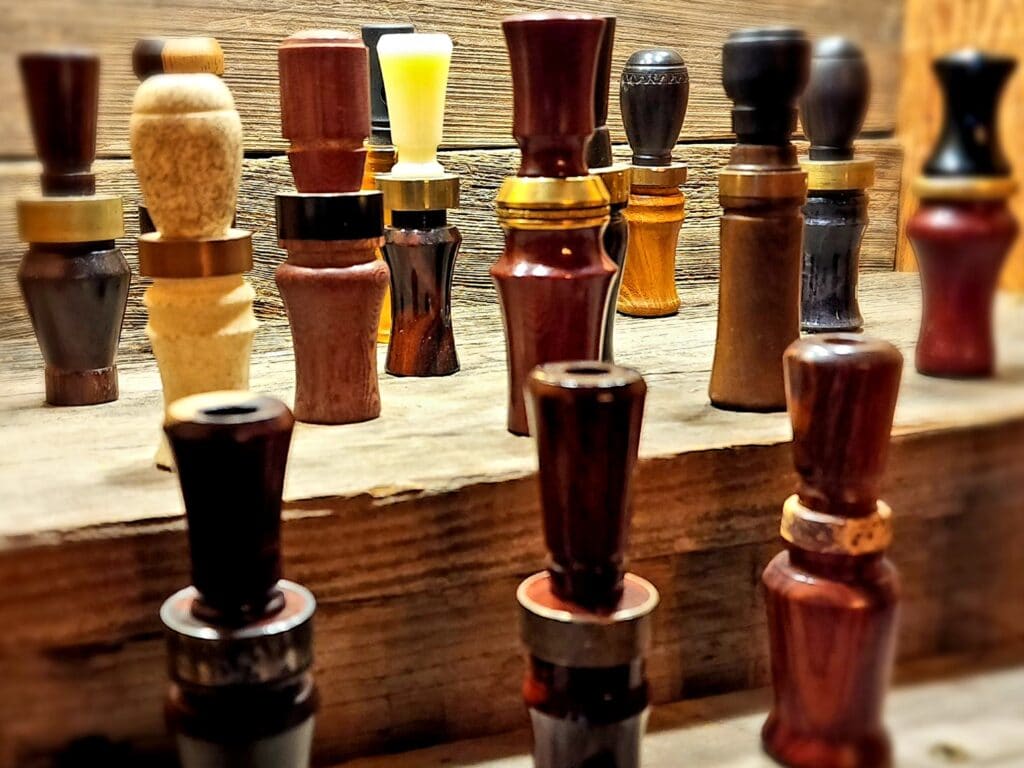 Some of the handmade duck calls. Photo by David Day