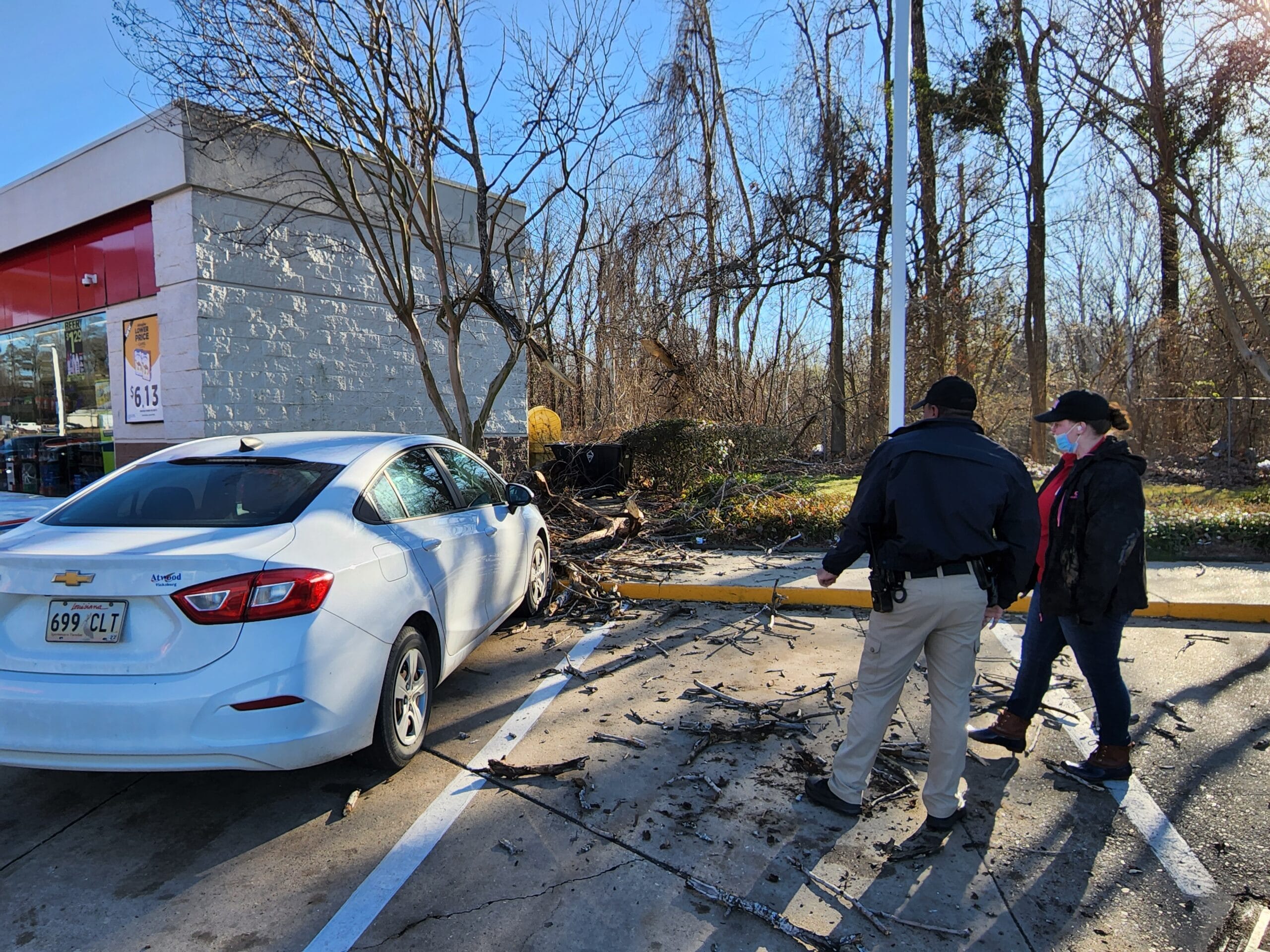 A Chevy sedan was hit by a tree. Photo by David Day