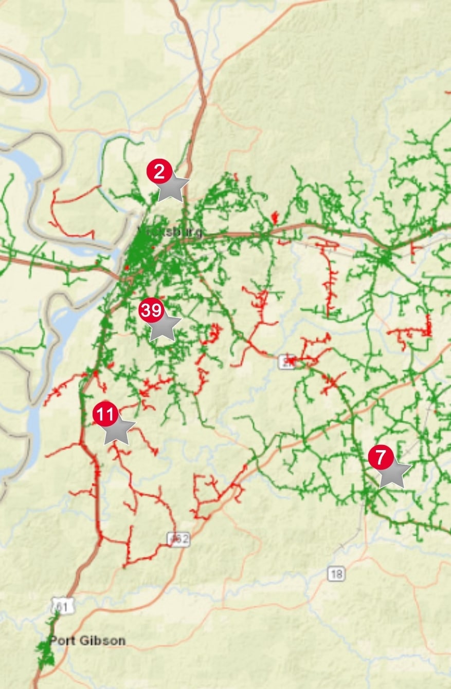 The Entergy Outage map for Warren County.