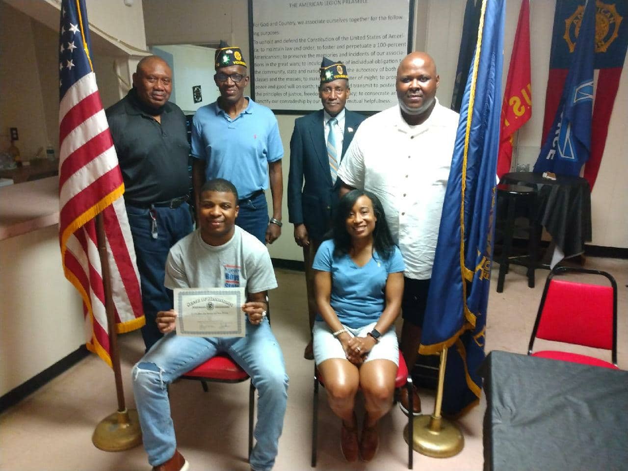 L-R Second Vice Alonzo Stevens, Commander Willie Green, Dorwin Shields, Pastor Joe Mosley, Charlene Mosley, Joe Mosley Jr.