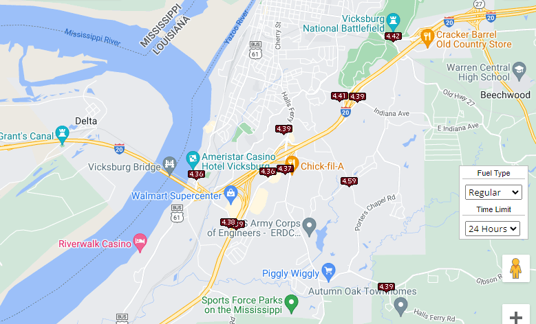 Vicksburg gas prices map, July 2, 2022
