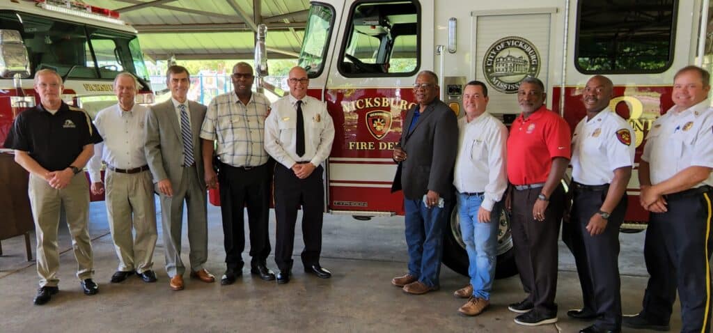 Sheriff Martin Pace, Fire Marshal Mike Cheney, Senator Briggs Hopson, Alderman Mike Mayfield, Chief Craig Danczyk, Mayor George Flaggs, Alderman Alex Monsour, State Representative Oscar Denton, Deputy Chief Derrick Stamps, Deputy Chief Trey Martin. Photo by David Day