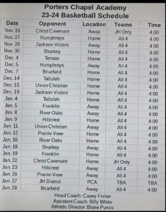 PCA basketball schedule
