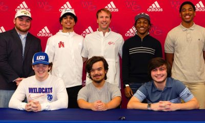 Front L-R Ben McMullin, Eric Lingle, Dylan Massey. Front L-R Beau Davis, Julien Demby, Coach Josh Morgan, Zack Evans and Garrett Orgas